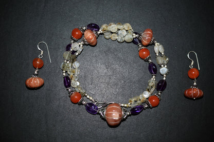 Natural Carnelian Purple Amethyst Necklace Set, Handmade Double Strand Rutilated Quartz Jewelry, Boho Pumpkin Bead Earring Set Gift For Her, BL-4584
