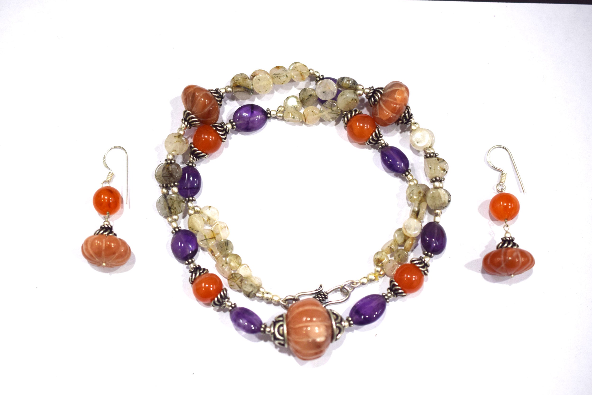 Natural Carnelian Rutile Purple Amethyst  Necklace Set, Handmade Double Strand Rutilated Quartz Jewelry, Boho Pumpkin Bead Earring Set Gift For Her, BL-4584