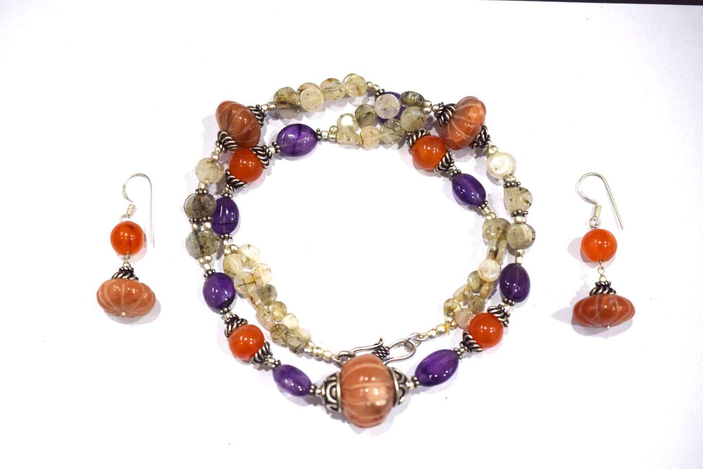 Natural Carnelian Purple Amethyst Necklace Set, Handmade Double Strand Rutilated Quartz Jewelry, Boho Pumpkin Bead Earring Set Gift For Her, BL-4584