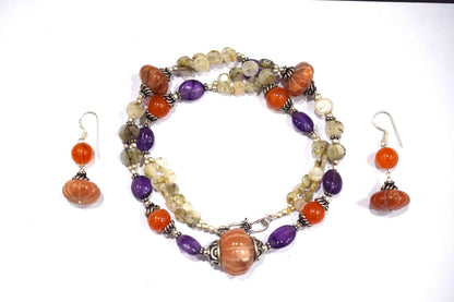 Natural Carnelian Purple Amethyst Necklace Set, Handmade Double Strand Rutilated Quartz Jewelry, Boho Pumpkin Bead Earring Set Gift For Her, BL-4584