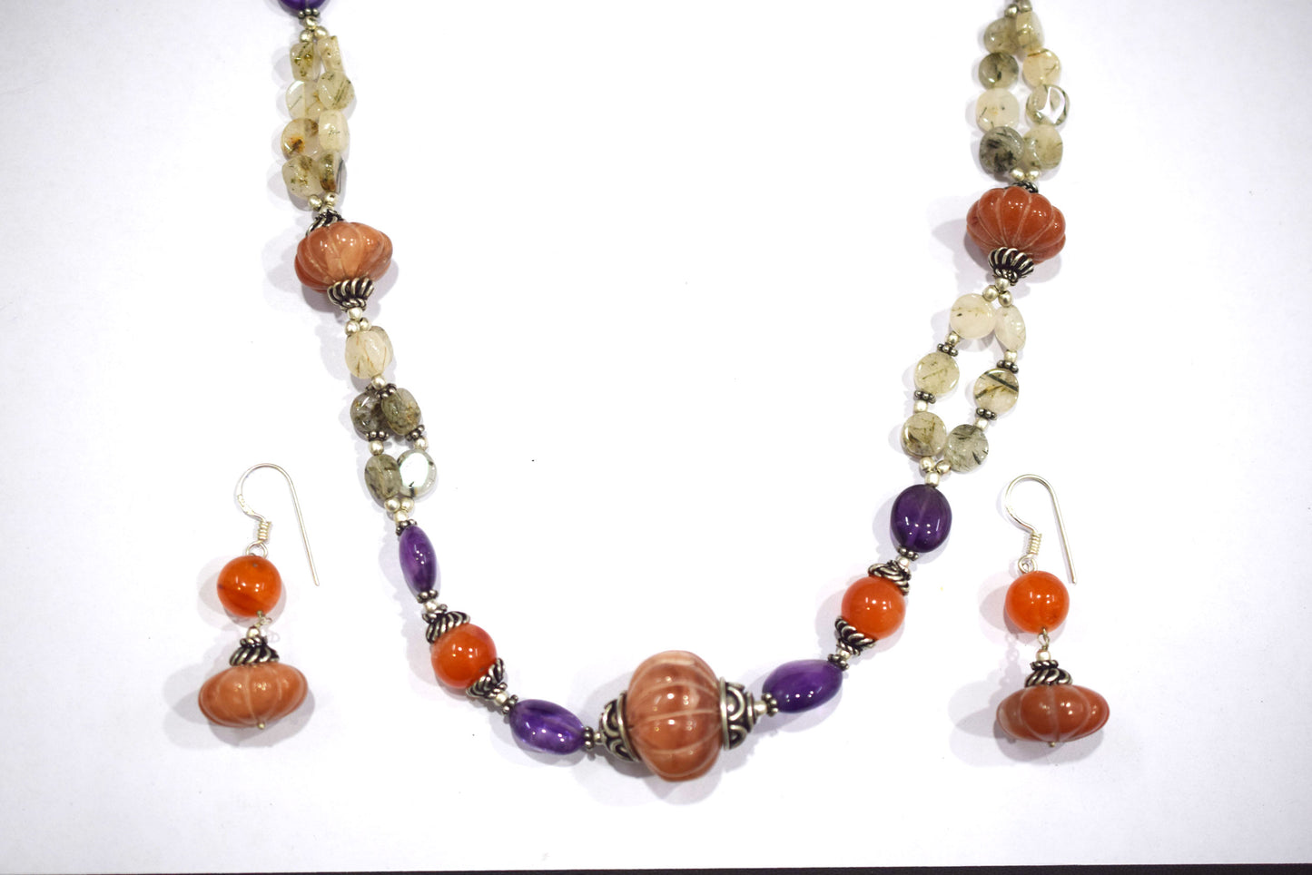 Natural Carnelian Purple Amethyst Necklace Set, Handmade Double Strand Rutilated Quartz Jewelry, Boho Pumpkin Bead Earring Set Gift For Her, BL-4584