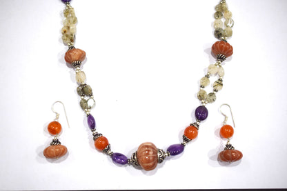 Natural Carnelian Purple Amethyst Necklace Set, Handmade Double Strand Rutilated Quartz Jewelry, Boho Pumpkin Bead Earring Set Gift For Her, BL-4584