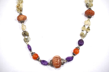 Natural Carnelian Purple Amethyst Necklace Set, Handmade Double Strand Rutilated Quartz Jewelry, Boho Pumpkin Bead Earring Set Gift For Her, BL-4584
