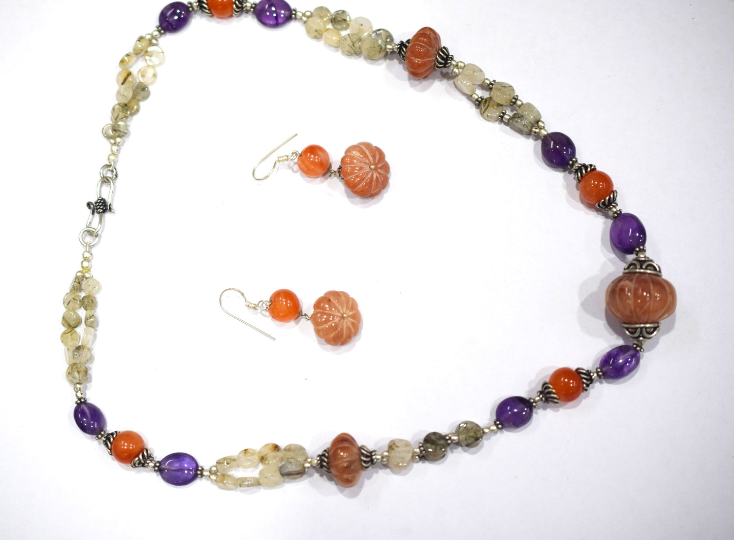 Natural Carnelian Purple Amethyst Necklace Set, Handmade Double Strand Rutilated Quartz Jewelry, Boho Pumpkin Bead Earring Set Gift For Her, BL-4584