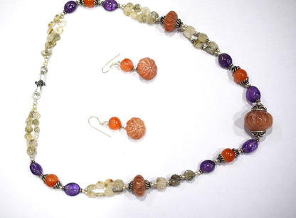 Natural Carnelian Purple Amethyst Necklace Set, Handmade Double Strand Rutilated Quartz Jewelry, Boho Pumpkin Bead Earring Set Gift For Her, BL-4584