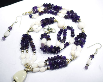 Natural Purple Amethyst White Agate Necklace Set, Handmade Multi Strand Beaded Statement Jewelry, Boho Drop Pendant Earring Set Gift For Her, BL-4585