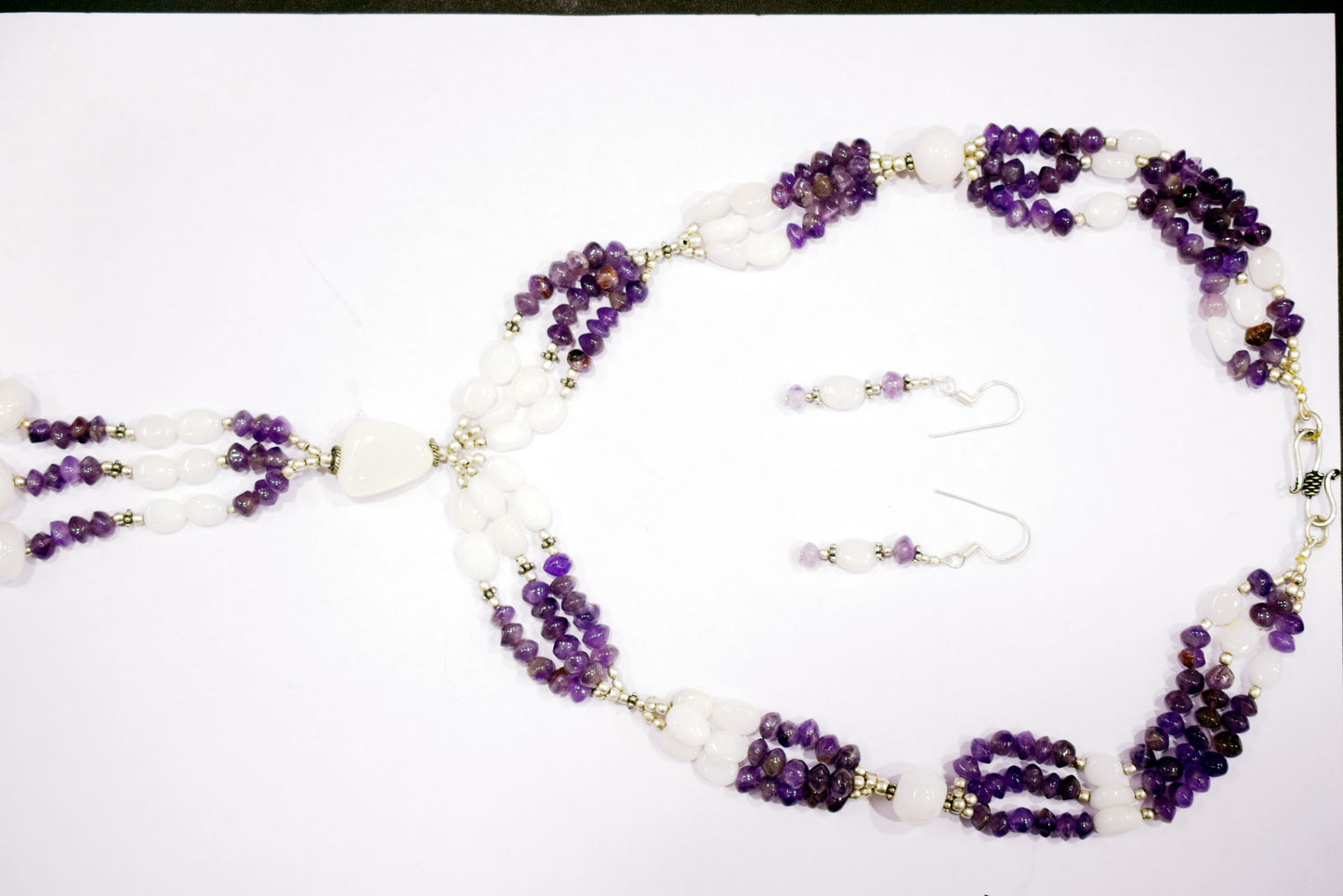 Natural Purple Amethyst White Agate Necklace Set, Handmade Multi Strand Beaded Statement Jewelry, Boho Drop Pendant Earring Set Gift For Her, BL-4585