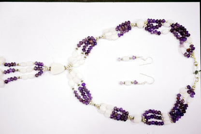 Natural Purple Amethyst White Agate Necklace Set, Handmade Multi Strand Beaded Statement Jewelry, Boho Drop Pendant Earring Set Gift For Her, BL-4585