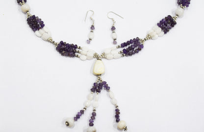 Natural Purple Amethyst White Agate Necklace Set, Handmade Multi Strand Beaded Statement Jewelry, Boho Drop Pendant Earring Set Gift For Her, BL-4585
