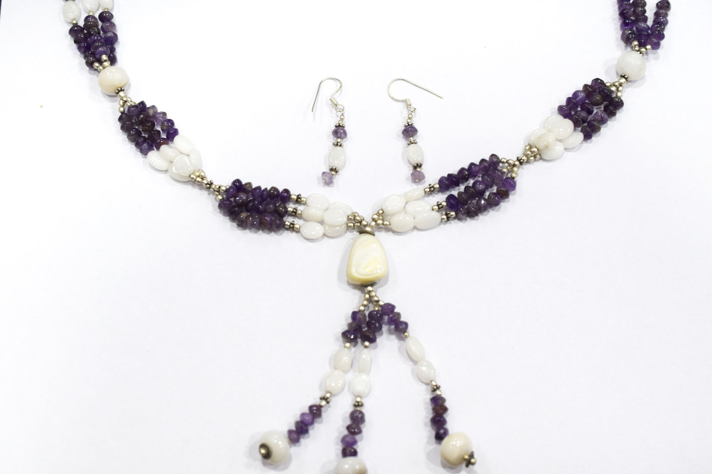 Natural Purple Amethyst White Agate Necklace Set, Handmade Multi Strand Beaded Statement Jewelry, Boho Drop Pendant Earring Set Gift For Her, BL-4585