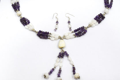 Natural Purple Amethyst White Agate Necklace Set, Handmade Multi Strand Beaded Statement Jewelry, Boho Drop Pendant Earring Set Gift For Her, BL-4585