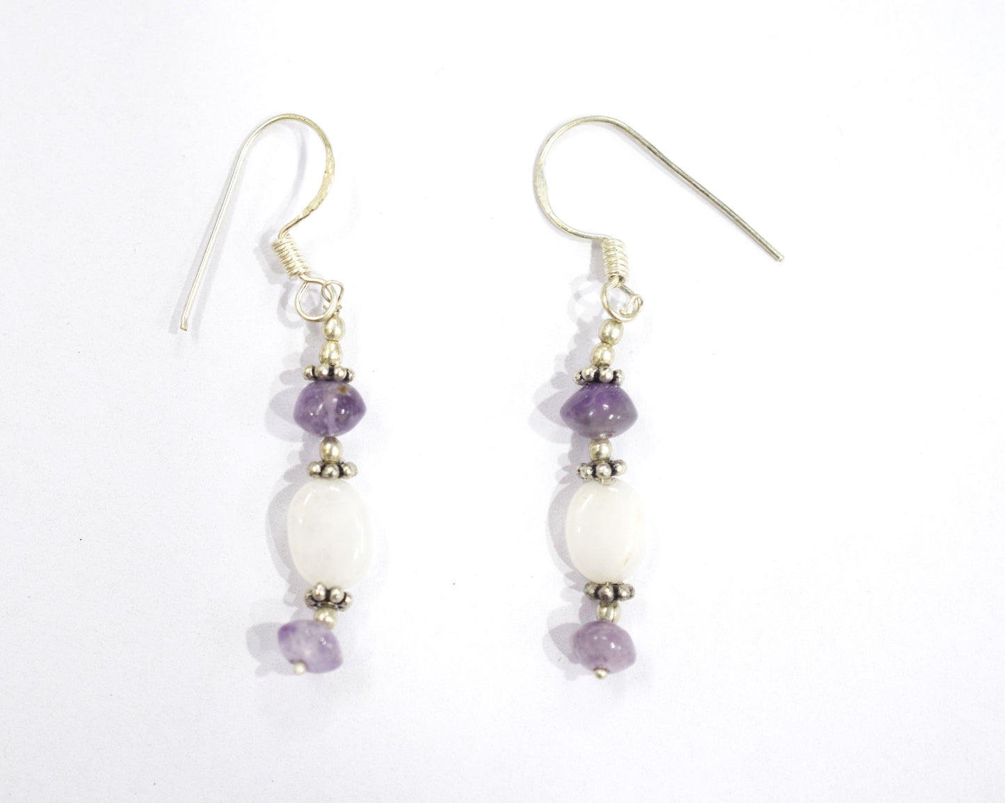 Natural Purple Amethyst White Agate Necklace Set, Handmade Multi Strand Beaded Statement Jewelry, Boho Drop Pendant Earring Set Gift For Her, BL-4585