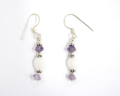 Natural Purple Amethyst White Agate Necklace Set, Handmade Multi Strand Beaded Statement Jewelry, Boho Drop Pendant Earring Set Gift For Her, BL-4585
