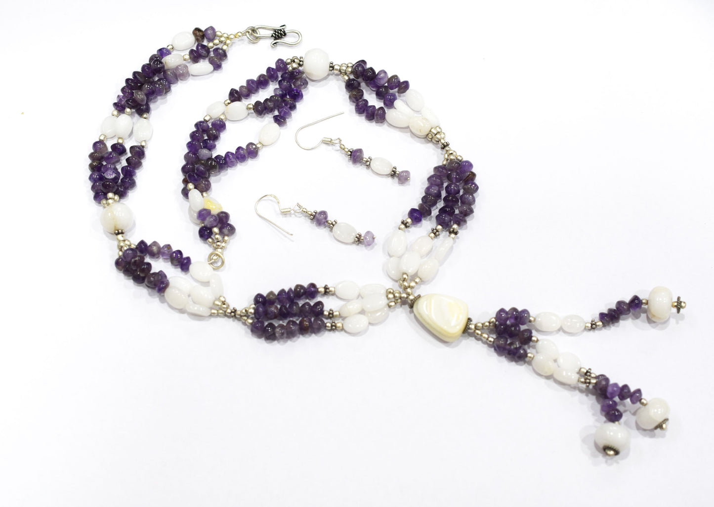 Natural Purple Amethyst White Agate Necklace Set, Handmade Multi Strand Beaded Statement Jewelry, Boho Drop Pendant Earring Set Gift For Her, BL-4585