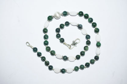 Natural Green Ruby Zoisite White Agate Necklace Set, Handmade Double Strand Gemstone Jewelry, Boho Beaded Dangle Earring Set Gift For Her , BL-4586
