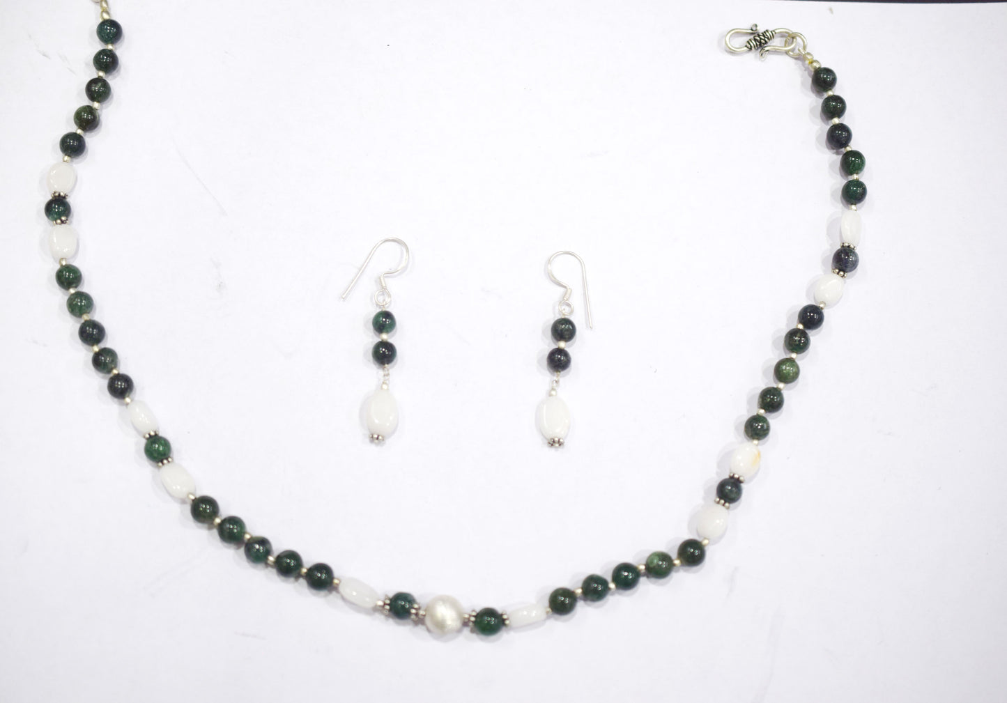 Natural Green Ruby Zoisite White Agate Necklace Set, Handmade Double Strand Gemstone Jewelry, Boho Beaded Dangle Earring Set Gift For Her , BL-4586