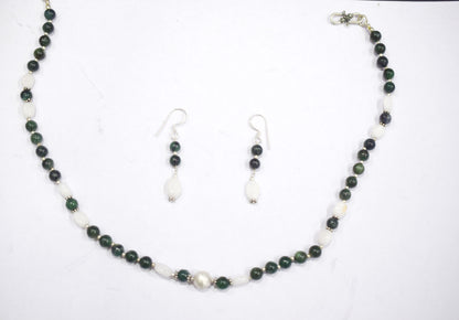 Natural Green Ruby Zoisite White Agate Necklace Set, Handmade Double Strand Gemstone Jewelry, Boho Beaded Dangle Earring Set Gift For Her , BL-4586