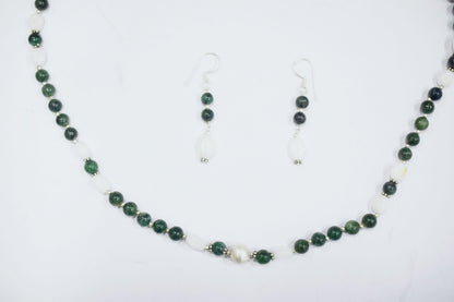 Natural Green Ruby Zoisite White Agate Necklace Set, Handmade Double Strand Gemstone Jewelry, Boho Beaded Dangle Earring Set Gift For Her , BL-4586