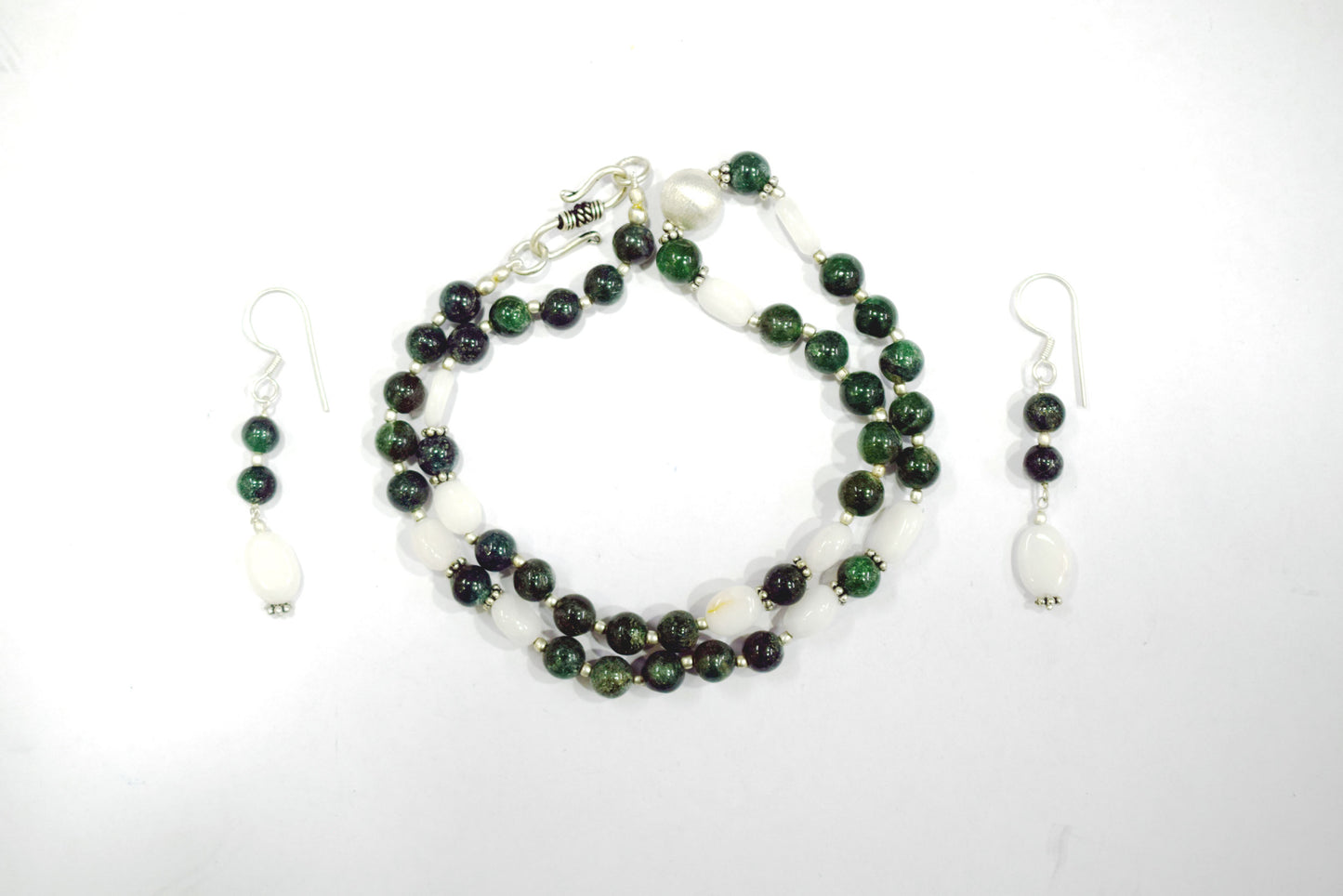 Natural Green Ruby Zoisite White Agate Necklace Set, Handmade Double Strand Gemstone Jewelry, Boho Beaded Dangle Earring Set Gift For Her , BL-4586