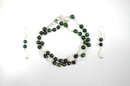 Natural Green Ruby Zoisite White Agate Necklace Set, Handmade Double Strand Gemstone Jewelry, Boho Beaded Dangle Earring Set Gift For Her , BL-4586
