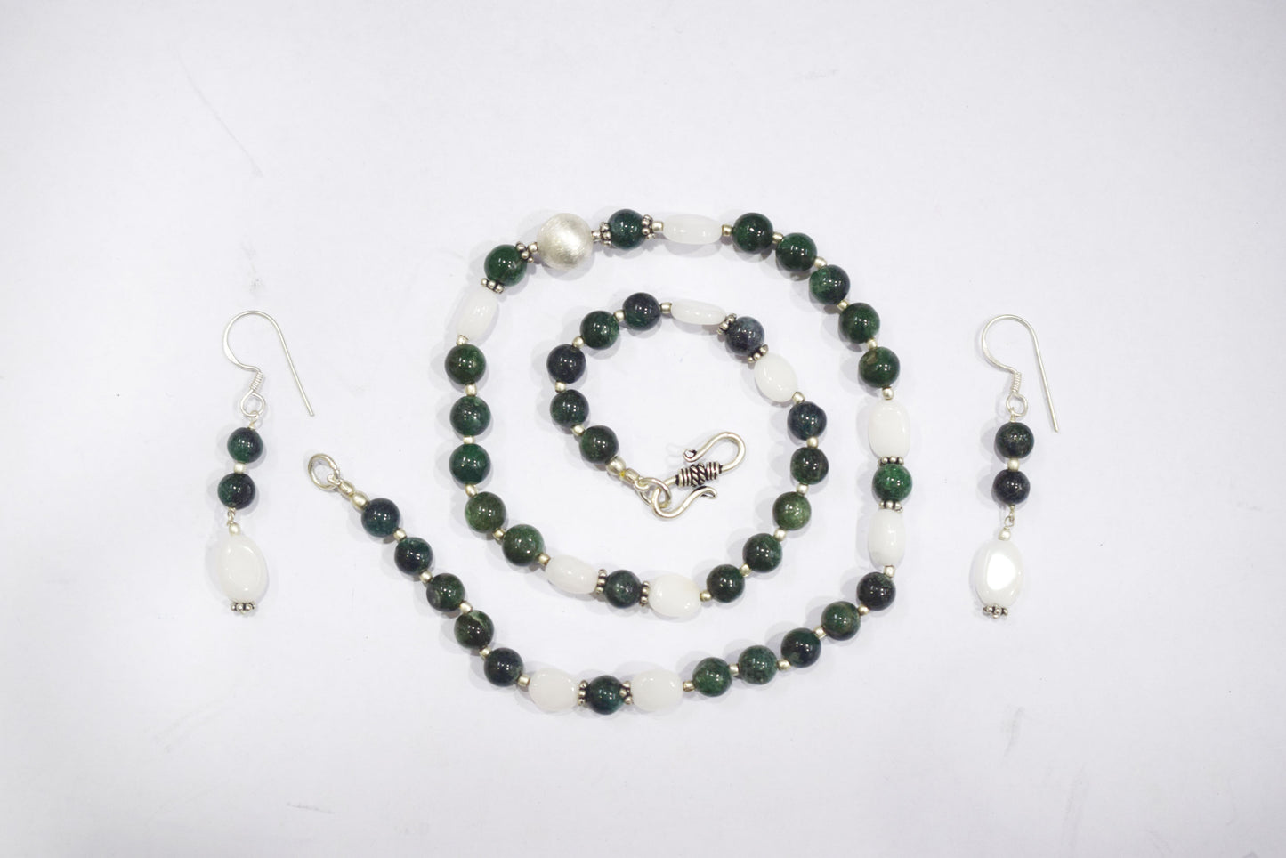 Natural Green Ruby Zoisite White Agate Necklace Set, Handmade Double Strand Gemstone Jewelry, Boho Beaded Dangle Earring Set Gift For Her , BL-4586