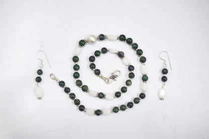Natural Green Ruby Zoisite White Agate Necklace Set, Handmade Double Strand Gemstone Jewelry, Boho Beaded Dangle Earring Set Gift For Her , BL-4586