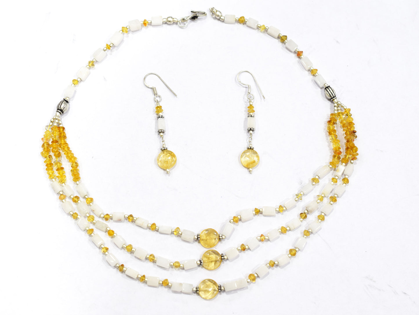 Natural Citrine White Agate Necklace Set, Handmade Multi Strand Yellow Gemstone Statement Jewelry, Boho Crystal Dangle Earring Set Gift For Her, BL-4587