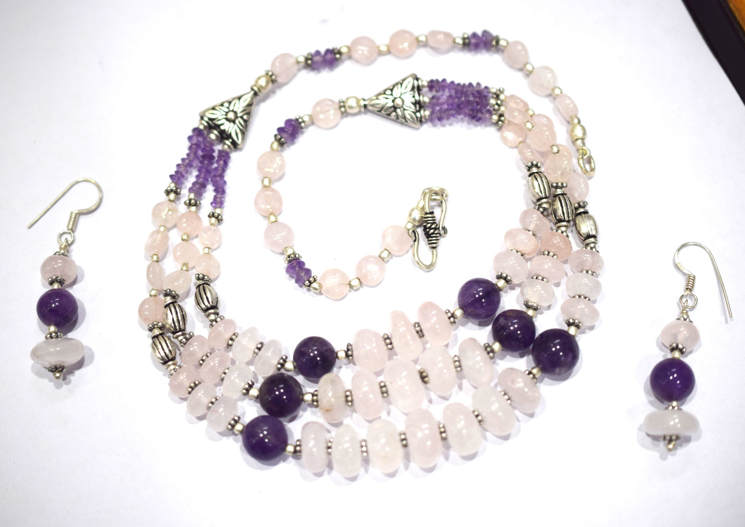 Natural Rose Quartz Purple Amethyst Necklace Set, Handmade Multi Strand Beaded Statement Jewelry, Boho Crystal Dangle Earring Set Gift For Her, BL-4588
