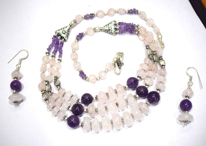 Natural Rose Quartz Purple Amethyst Necklace Set, Handmade Multi Strand Beaded Statement Jewelry, Boho Crystal Dangle Earring Set Gift For Her, BL-4588