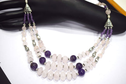 Natural Rose Quartz Purple Amethyst Necklace Set, Handmade Multi Strand Beaded Statement Jewelry, Boho Crystal Dangle Earring Set Gift For Her, BL-4588