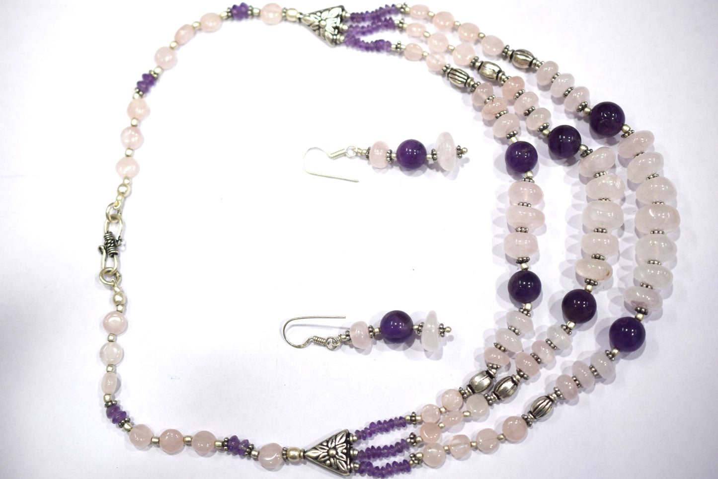 Natural Rose Quartz Purple Amethyst Necklace Set, Handmade Multi Strand Beaded Statement Jewelry, Boho Crystal Dangle Earring Set Gift For Her, BL-4588