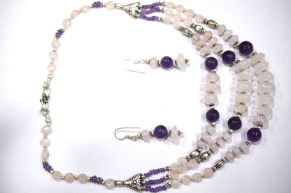 Natural Rose Quartz Purple Amethyst Necklace Set, Handmade Multi Strand Beaded Statement Jewelry, Boho Crystal Dangle Earring Set Gift For Her, BL-4588