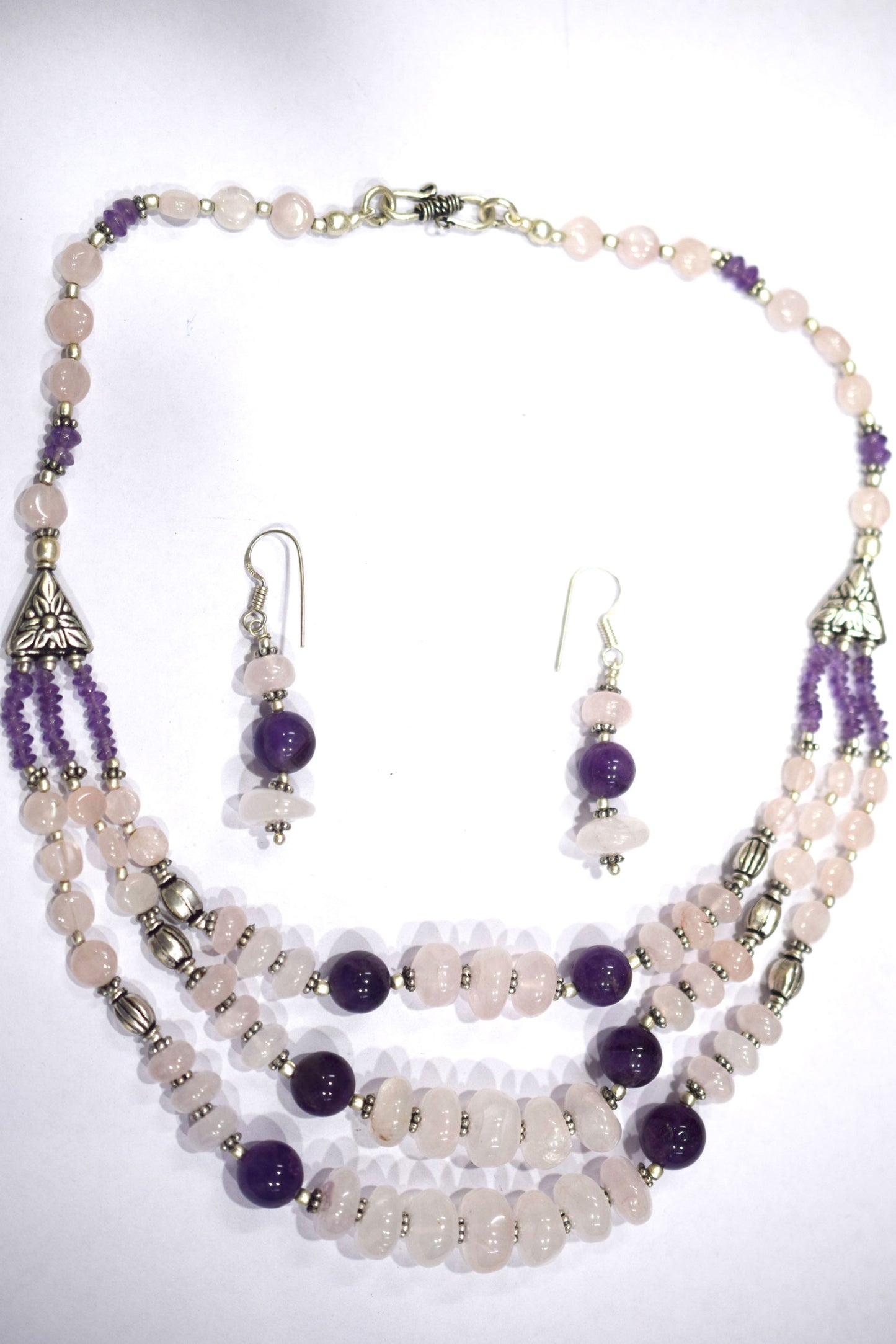Natural Rose Quartz Purple Amethyst Necklace Set, Handmade Multi Strand Beaded Statement Jewelry, Boho Crystal Dangle Earring Set Gift For Her, BL-4588