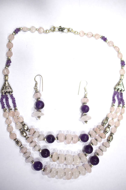 Natural Rose Quartz Purple Amethyst Necklace Set, Handmade Multi Strand Beaded Statement Jewelry, Boho Crystal Dangle Earring Set Gift For Her, BL-4588