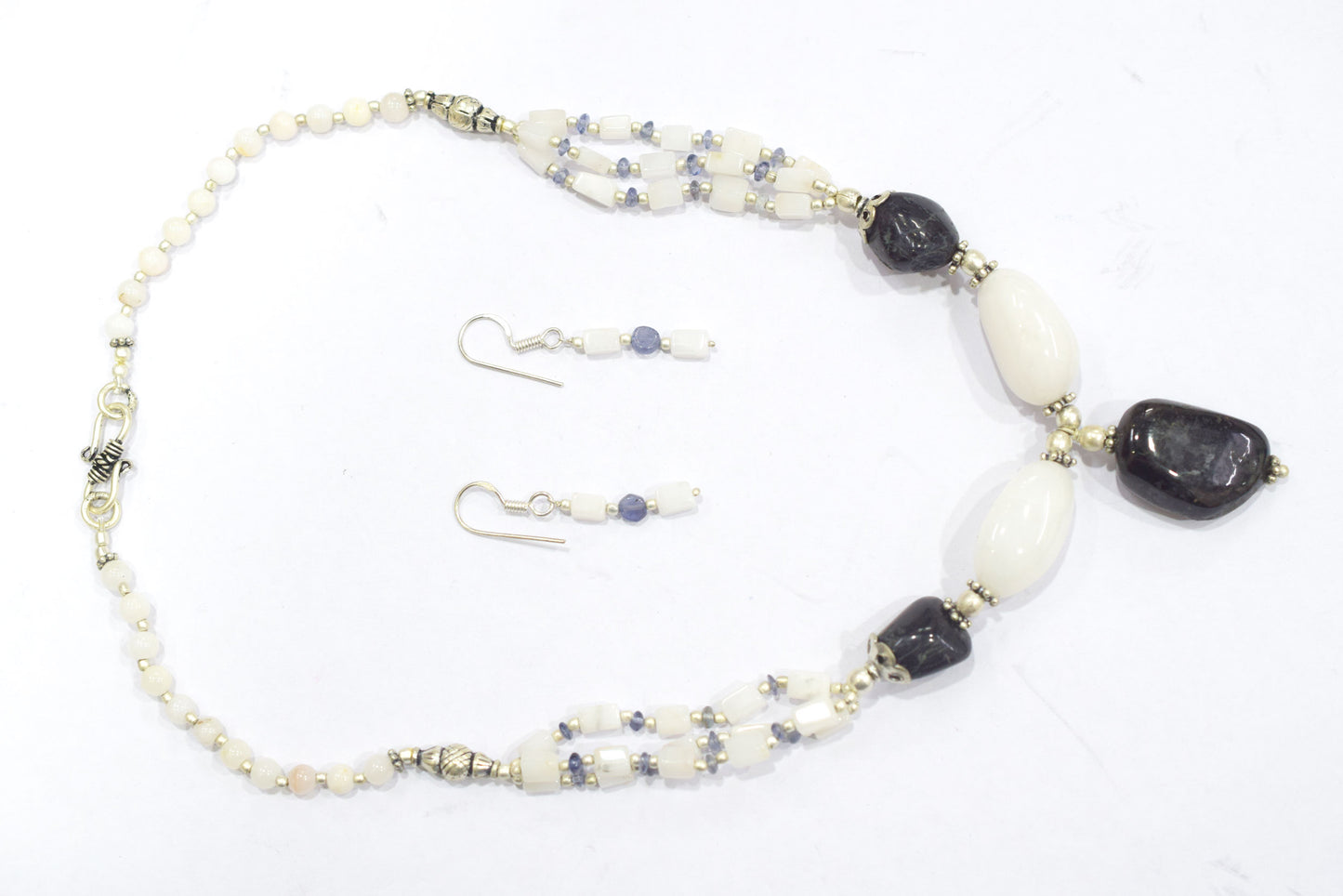Natural Black Onyx White Agate Necklace Set, Handmade Multi Strand Beaded Statement Jewelry, Boho Drop Pendant Earring Set Gift For Her, BL-4589