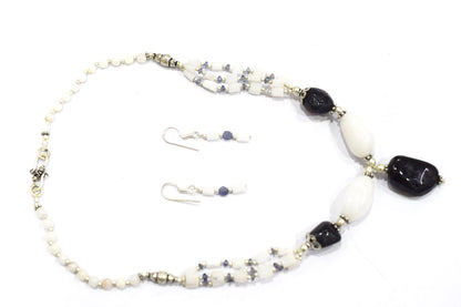 Natural Black Onyx White Agate Necklace Set, Handmade Multi Strand Beaded Statement Jewelry, Boho Drop Pendant Earring Set Gift For Her, BL-4589