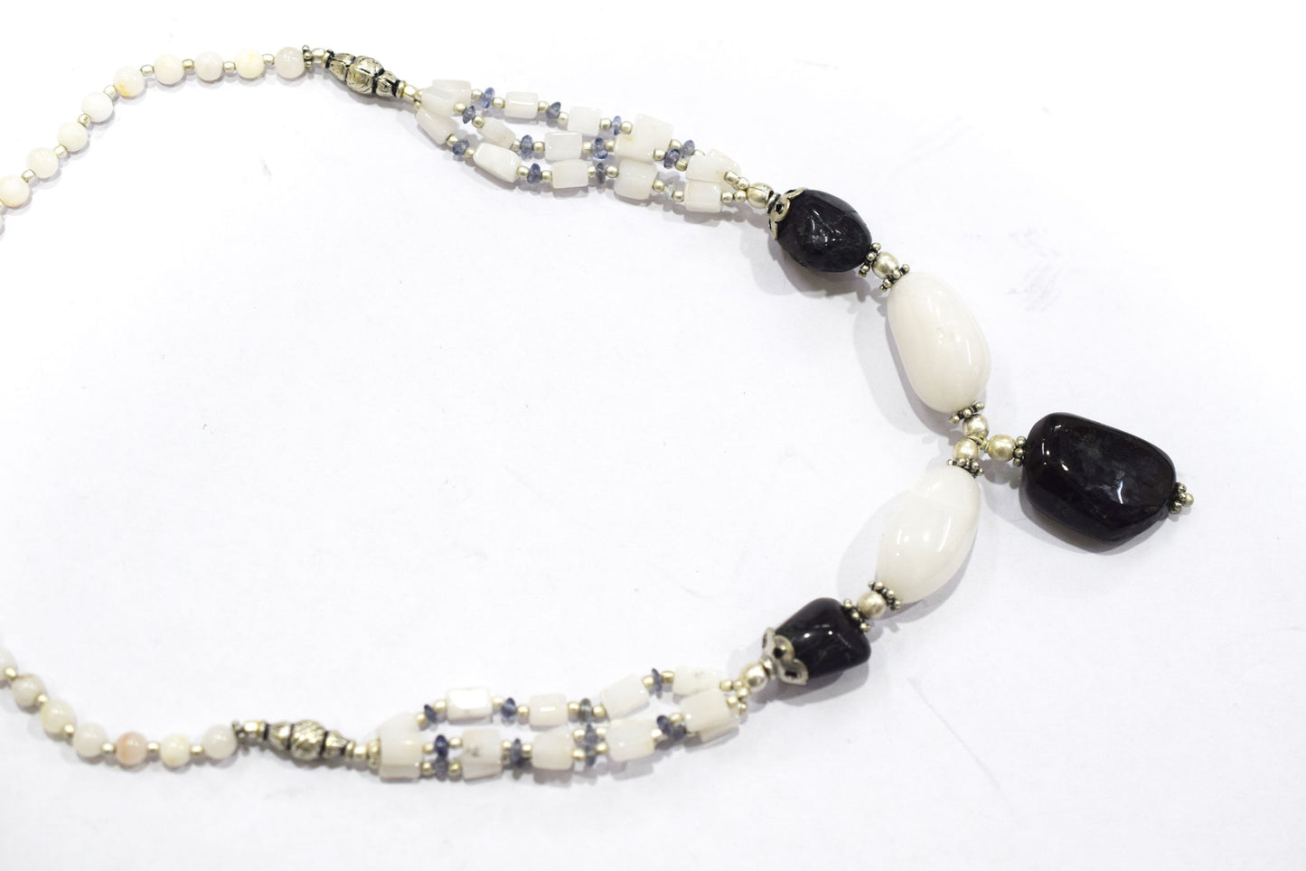 Natural Black Onyx White Agate Necklace Set, Handmade Multi Strand Beaded Statement Jewelry, Boho Drop Pendant Earring Set Gift For Her, BL-4589