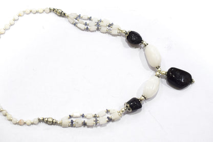 Natural Black Onyx White Agate Necklace Set, Handmade Multi Strand Beaded Statement Jewelry, Boho Drop Pendant Earring Set Gift For Her, BL-4589