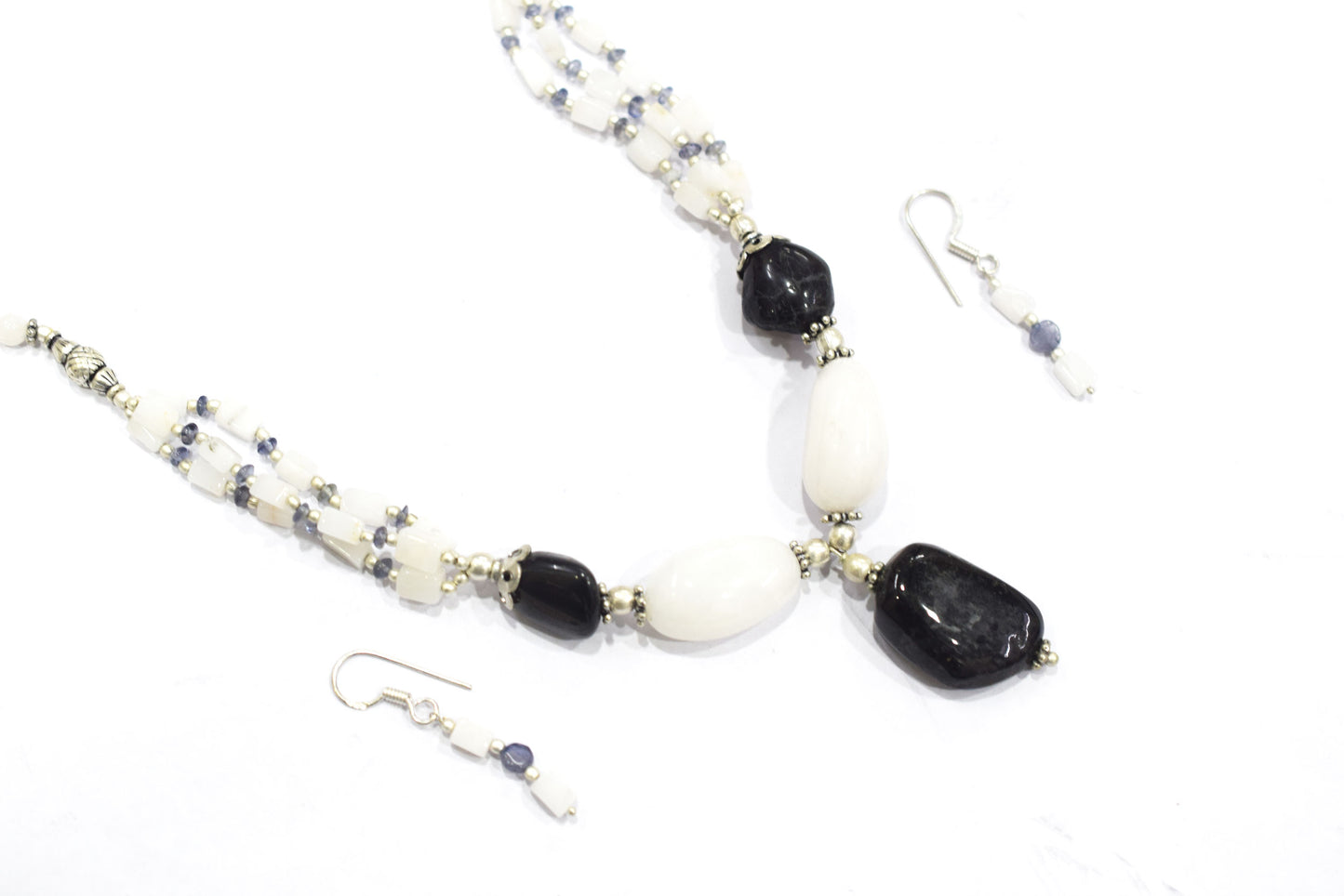 Natural Black Onyx White Agate Necklace Set, Handmade Multi Strand Beaded Statement Jewelry, Boho Drop Pendant Earring Set Gift For Her, BL-4589