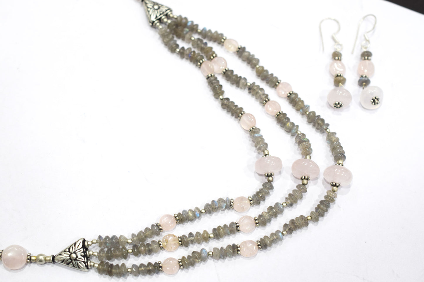 Natural Labradorite Rose Quartz Necklace Set, Handmade Multi Strand Beaded Statement Jewelry, Boho Crystal Dangle Earring Set Gift For Her, BL-4590