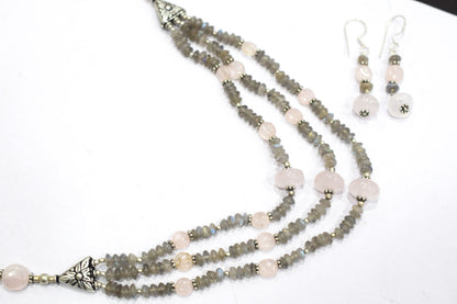 Natural Labradorite Rose Quartz Necklace Set, Handmade Multi Strand Beaded Statement Jewelry, Boho Crystal Dangle Earring Set Gift For Her, BL-4590