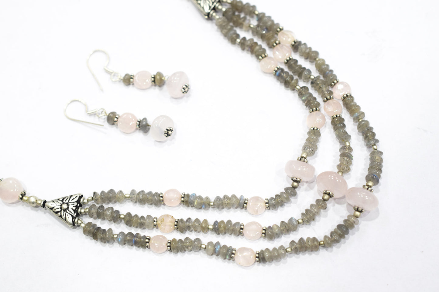 Natural Labradorite Rose Quartz Necklace Set, Handmade Multi Strand Beaded Statement Jewelry, Boho Crystal Dangle Earring Set Gift For Her, BL-4590