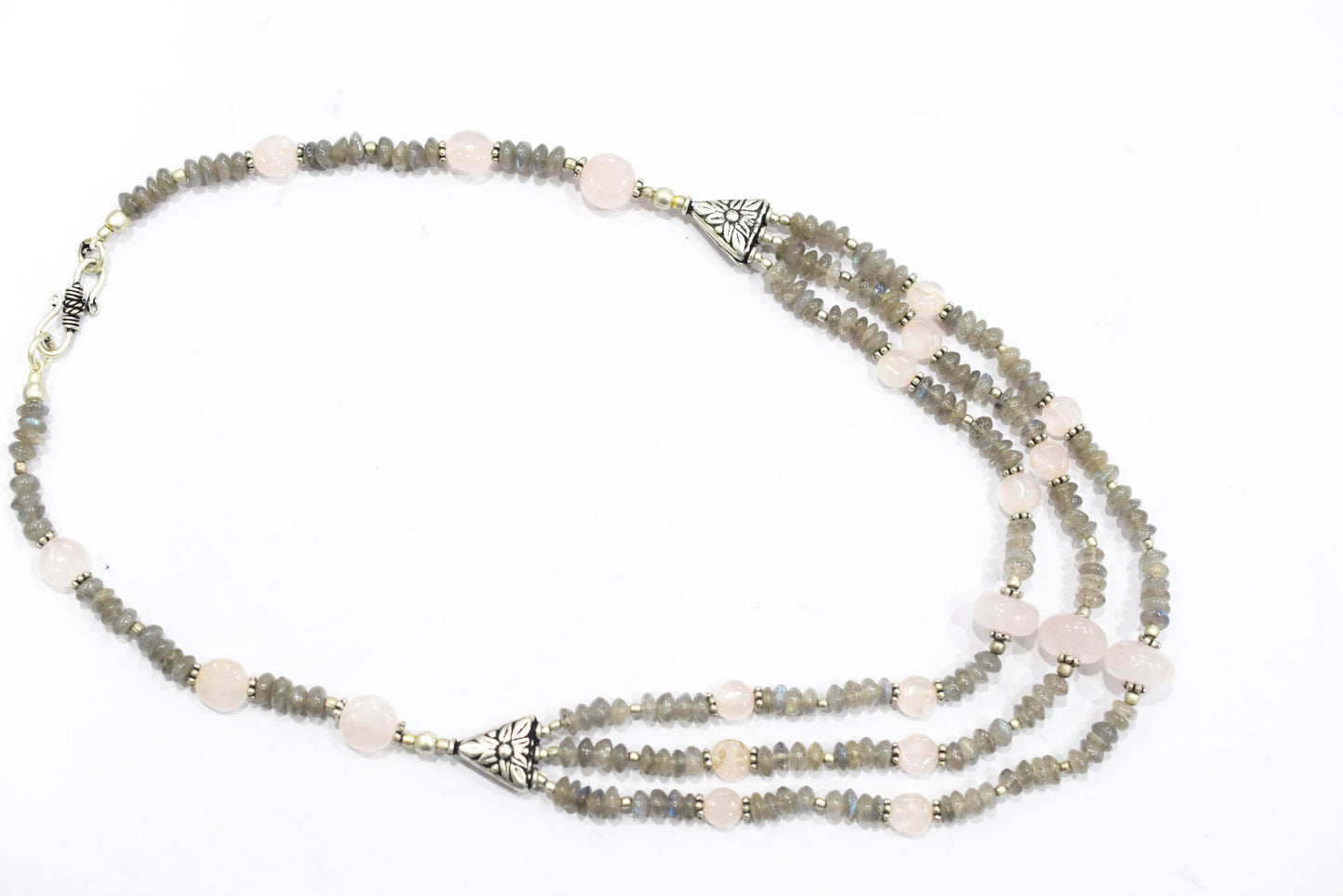 Natural Labradorite Rose Quartz Necklace Set, Handmade Multi Strand Beaded Statement Jewelry, Boho Crystal Dangle Earring Set Gift For Her, BL-4590