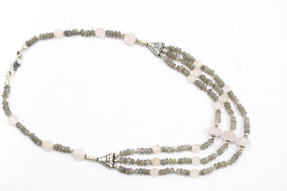 Natural Labradorite Rose Quartz Necklace Set, Handmade Multi Strand Beaded Statement Jewelry, Boho Crystal Dangle Earring Set Gift For Her, BL-4590