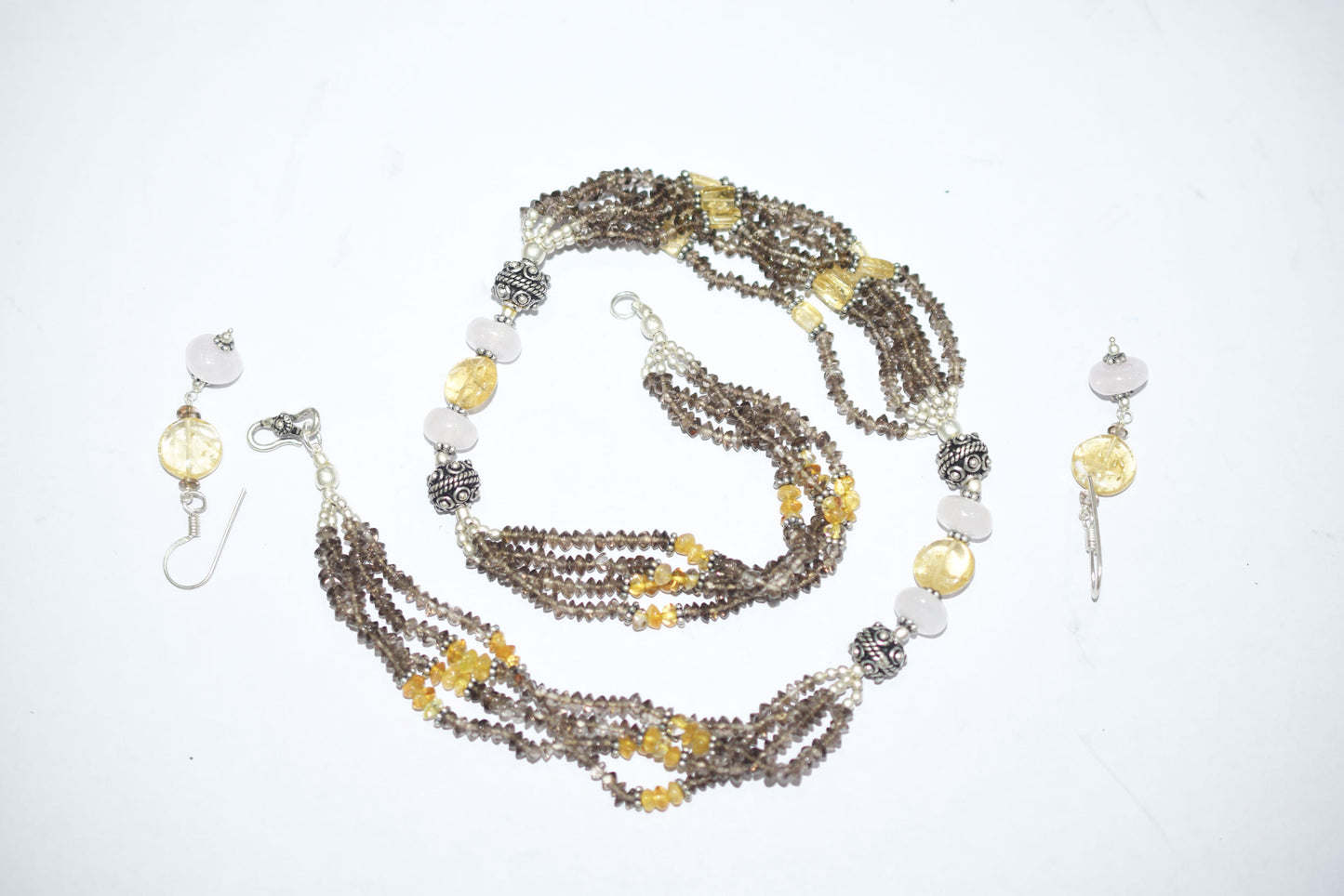 Natural Smoky Quartz Citrine Necklace Set, Handmade Multi Strand Beaded Statement Jewelry, Boho Crystal Dangle Earring Set Gift For Her, BL-4591