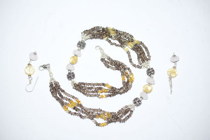 Natural Smoky Quartz Citrine Necklace Set, Handmade Multi Strand Beaded Statement Jewelry, Boho Crystal Dangle Earring Set Gift For Her, BL-4591