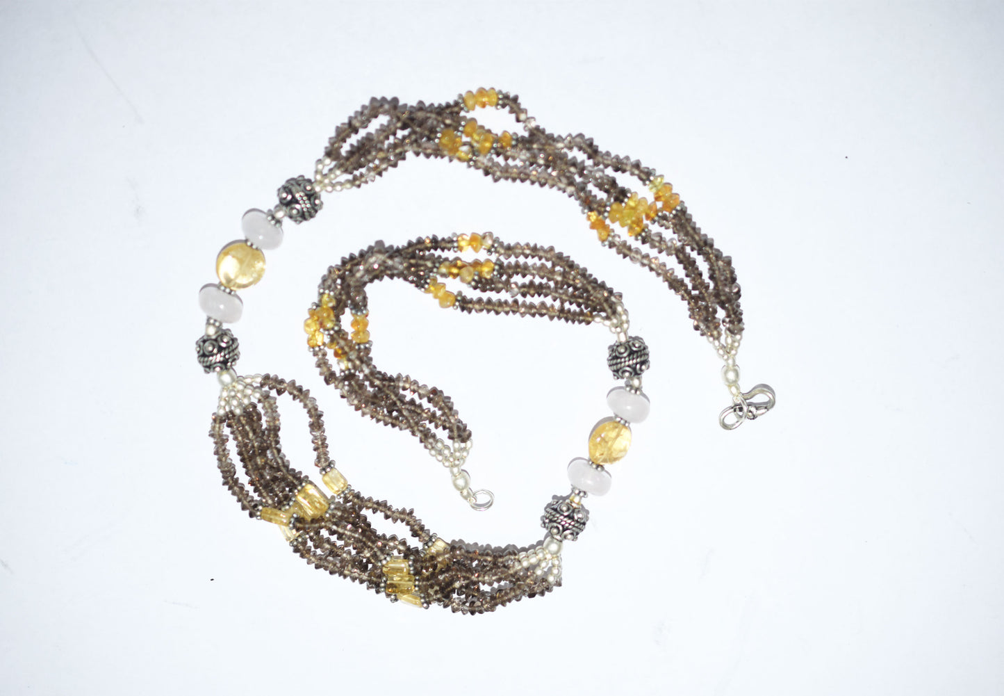 Natural Smoky Quartz Citrine Necklace Set, Handmade Multi Strand Beaded Statement Jewelry, Boho Crystal Dangle Earring Set Gift For Her, BL-4591