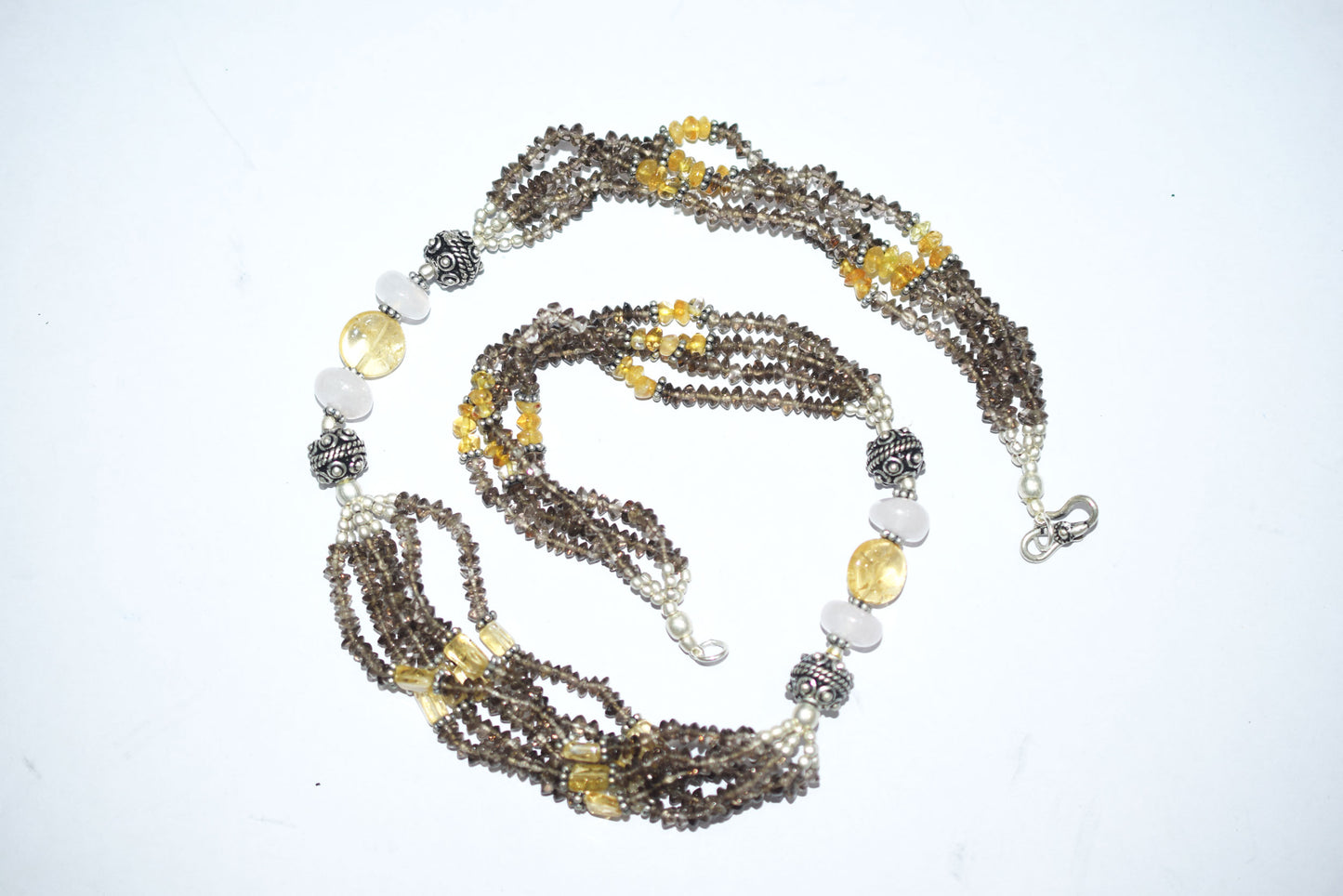 Natural Smoky Quartz Citrine Necklace Set, Handmade Multi Strand Beaded Statement Jewelry, Boho Crystal Dangle Earring Set Gift For Her, BL-4591