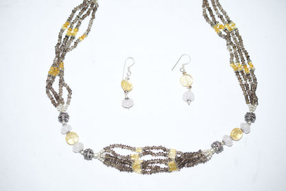 Natural Smoky Quartz Citrine Necklace Set, Handmade Multi Strand Beaded Statement Jewelry, Boho Crystal Dangle Earring Set Gift For Her, BL-4591