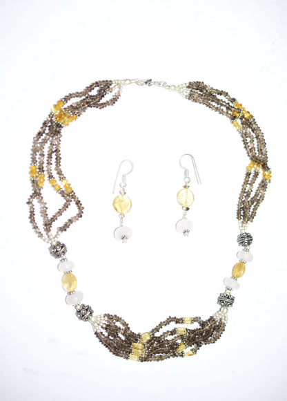 Natural Smoky Quartz Citrine Necklace Set, Handmade Multi Strand Beaded Statement Jewelry, Boho Crystal Dangle Earring Set Gift For Her, BL-4591